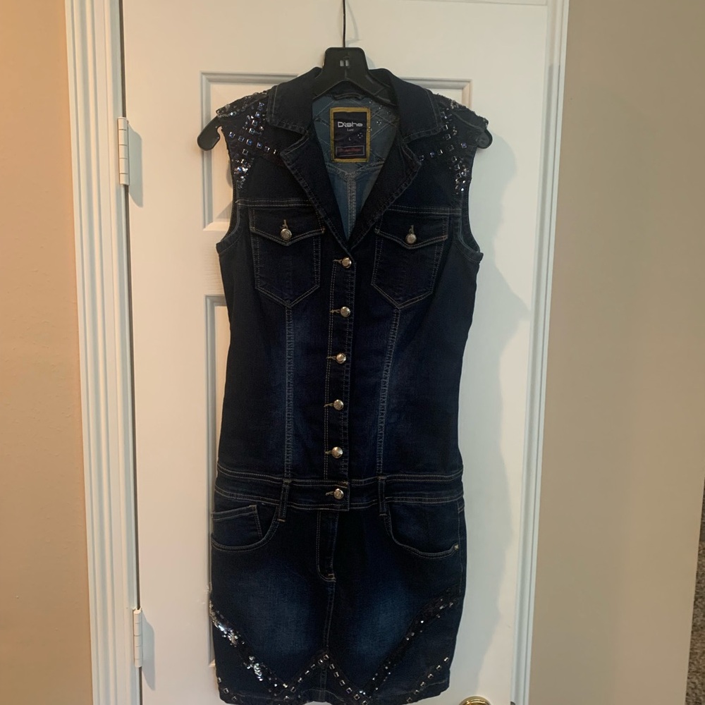 Luxe Dark Blue Denim Dress with Sequin Details